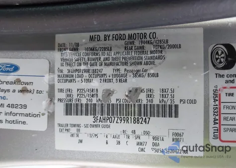 2009 Ford Fusion Se из США, поврежденный, VIN 3FAHP07Z99R188247